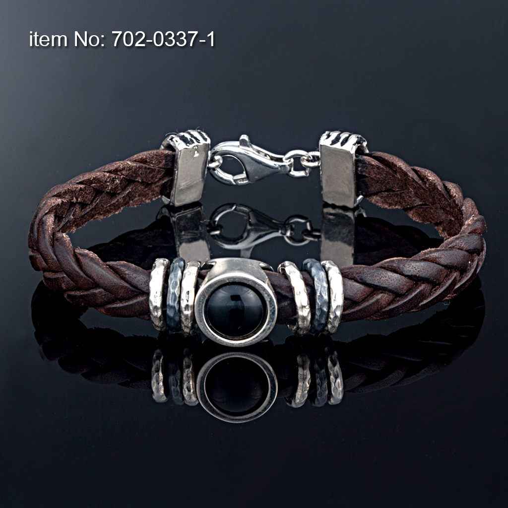 Ασημένιο βραχιόλι 925° χειροποίητο με ασημένιο κούμπωμα (12 mm) και γνήσιο πλεκτό δέρμα - Πατήστε εδώ για περισσότερα χρώματα -