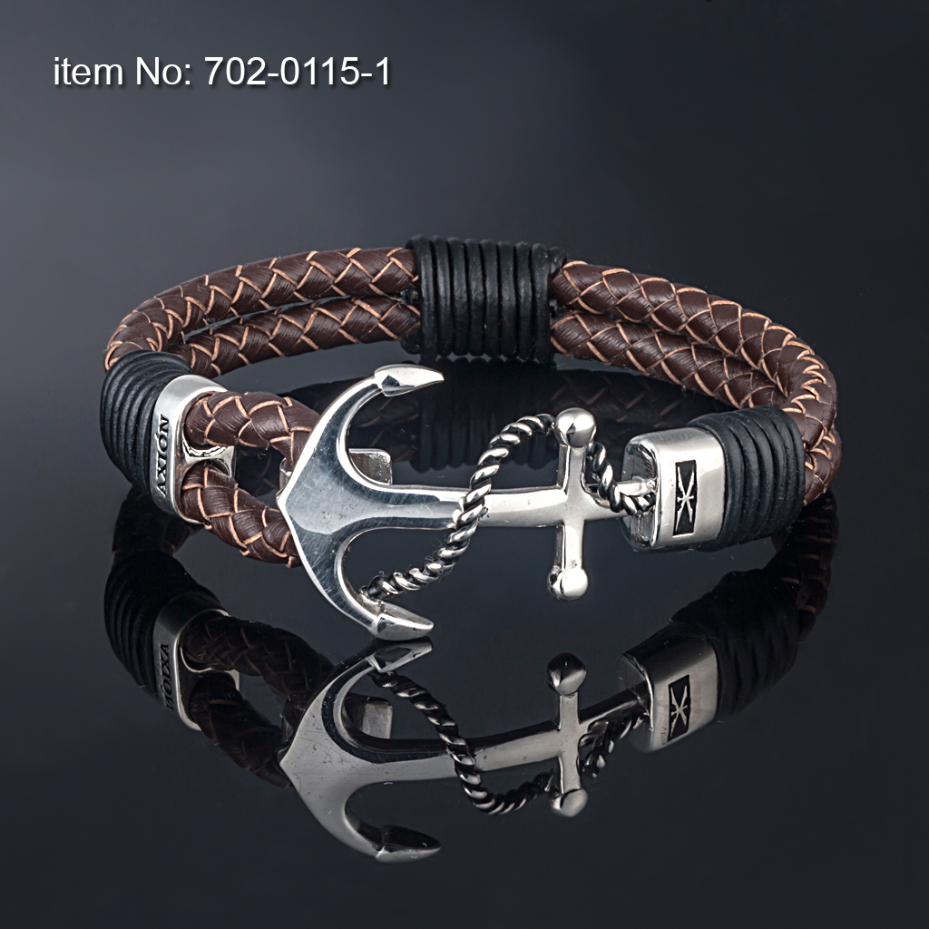 Ασημένιο βραχιόλι με άγκυρα με σχοινί (25 mm) και με γνήσιο δέρμα καφέ - Πατήστε εδώ για περισσότερα χρώματα -