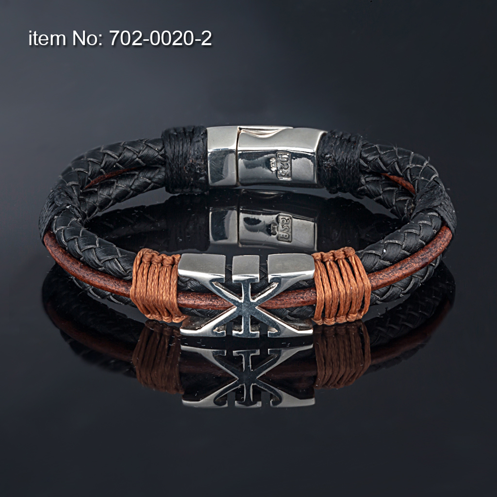 Sterling silver bracelet with AXION signature motif (12 mm). Genuine braided leather