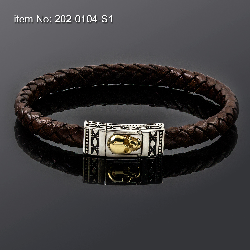 Bracelet with Sterling Silver & K14 Gold with skull and braided genuine leather