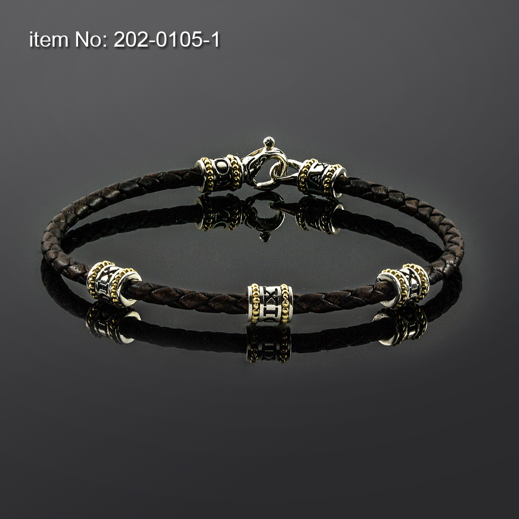 Bracelet with Sterling Silver & K14 Gold with Axion motifs and braided genuine leather