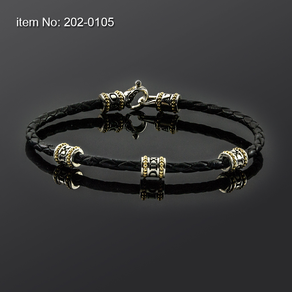 Bracelet with Sterling Silver & K14 Gold with Axion motifs and braided genuine leather