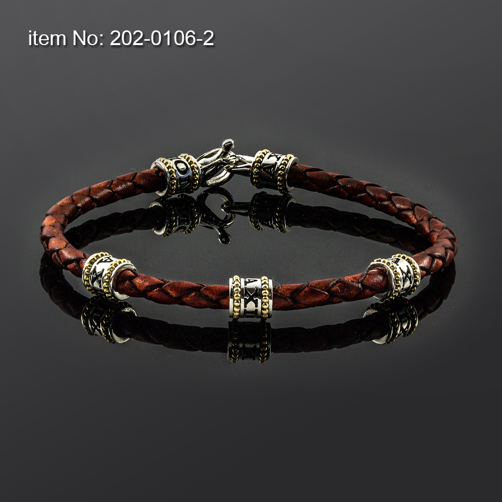 Bracelet with Sterling Silver & K14 Gold with Axion motifs and braided genuine leather