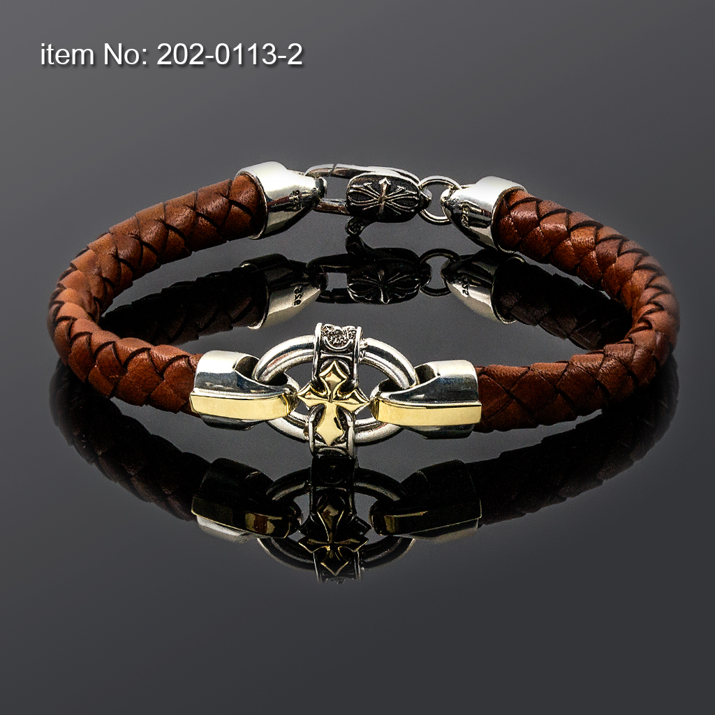 Bracelet with Sterling Silver & K14 Gold cross and sides set and braided genuine leather