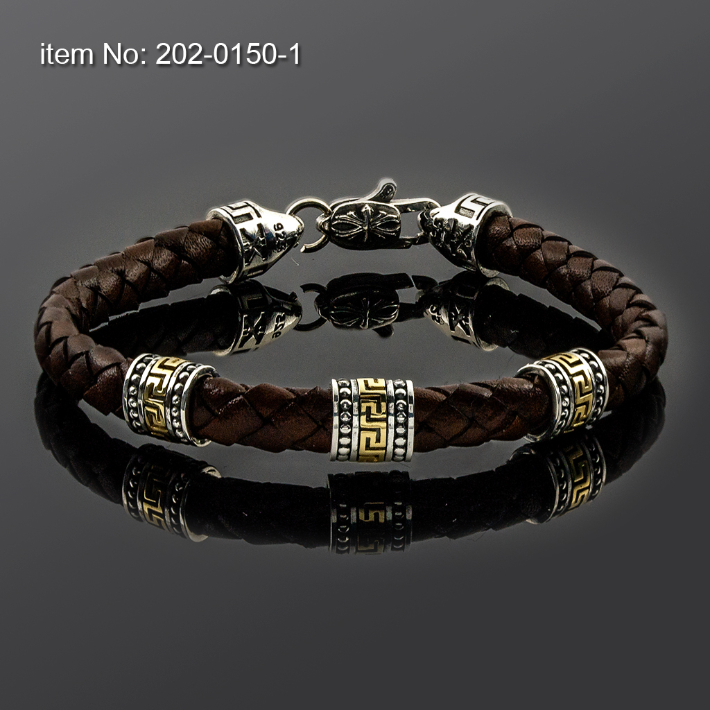 Bracelet with Sterling Silver & K14 Solid Gold Greek Key motif and braided genuine leather
