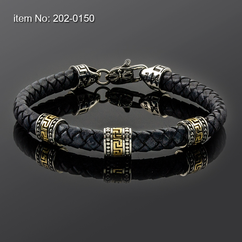 Bracelet with Sterling Silver & K14 Solid Gold Greek Key motif and braided genuine leather