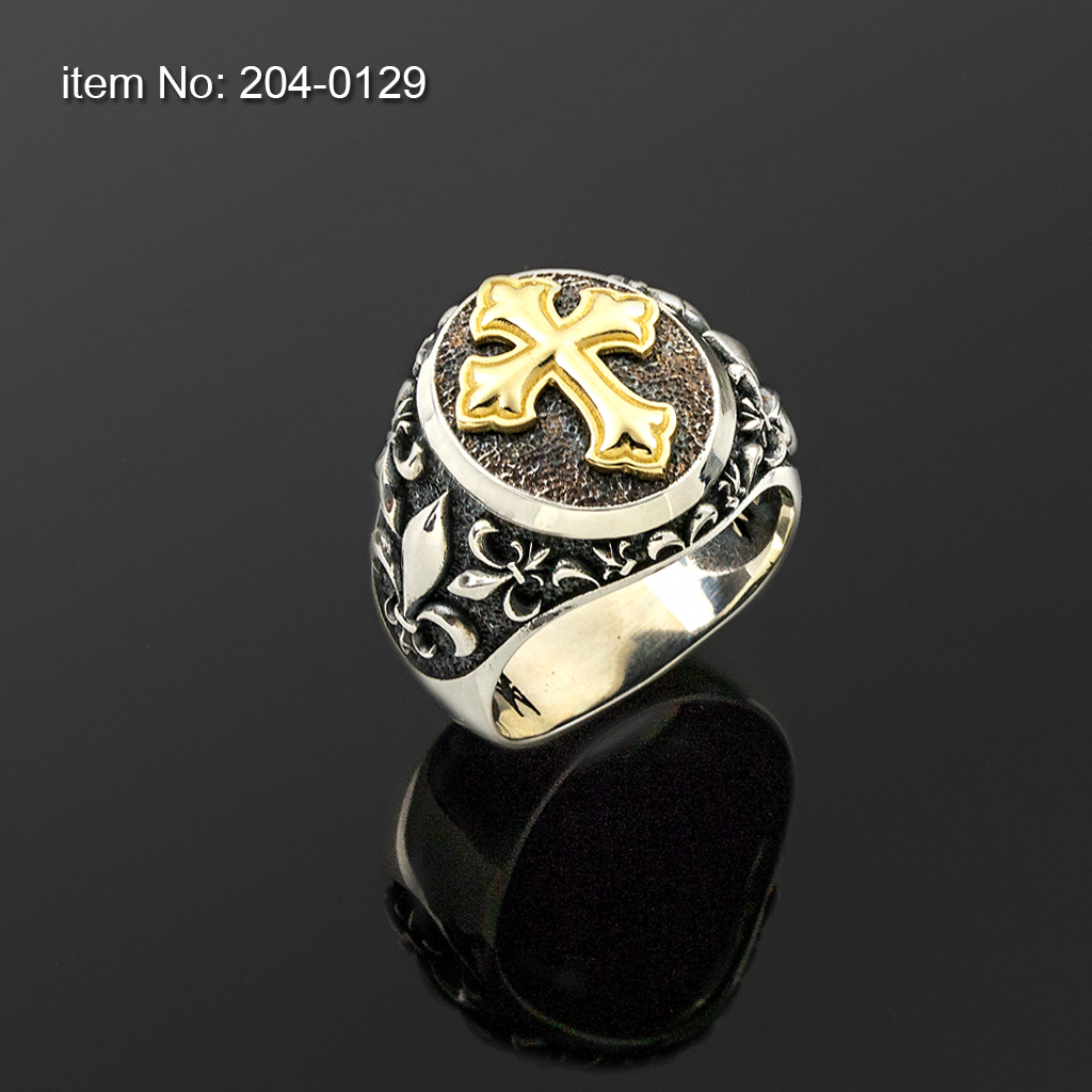 K14 Solid Gold Cross on Sterling Silver Ring