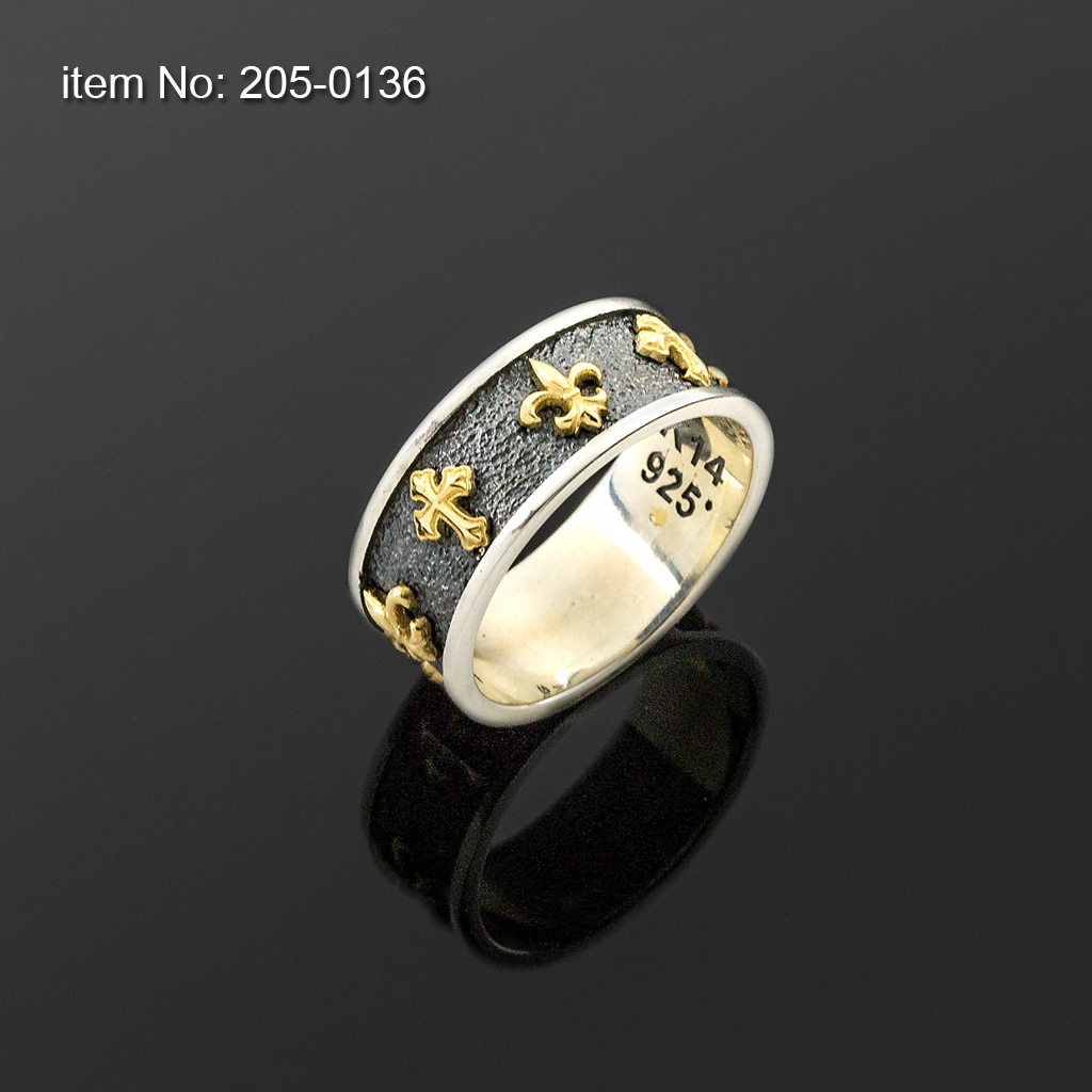 K14 Solid Gold Crosses and Fleur-de-lis on Sterling Silver Ring