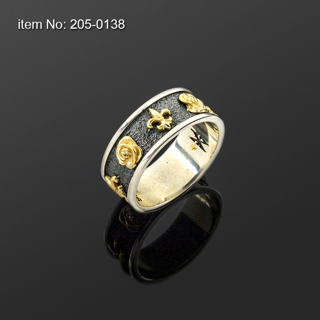 K14 Solid Gold Roses and Fleur-de-lis on Sterling Silver Ring