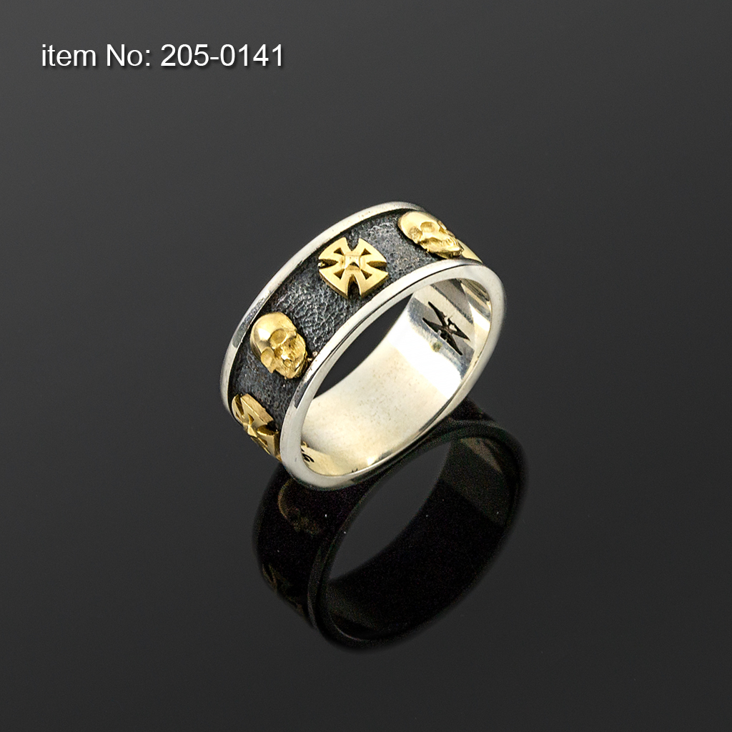 K14 Solid Gold Skulls and Crosses on Sterling Silver Ring