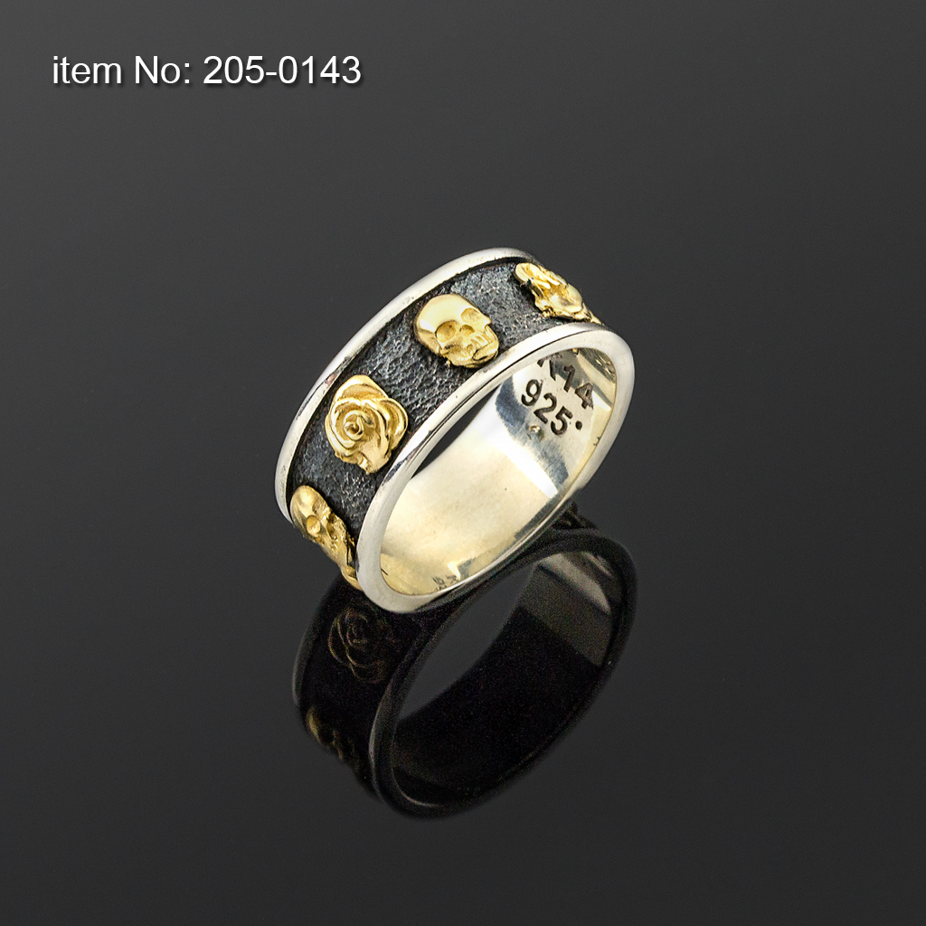 K14 Solid Gold Roses and Skulls on Sterling Silver Ring