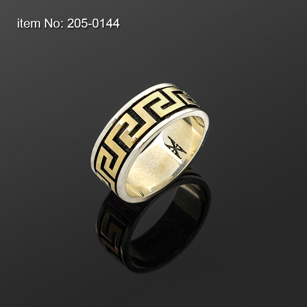 K14 Solid Gold Greek Key on Sterling Silver Ring