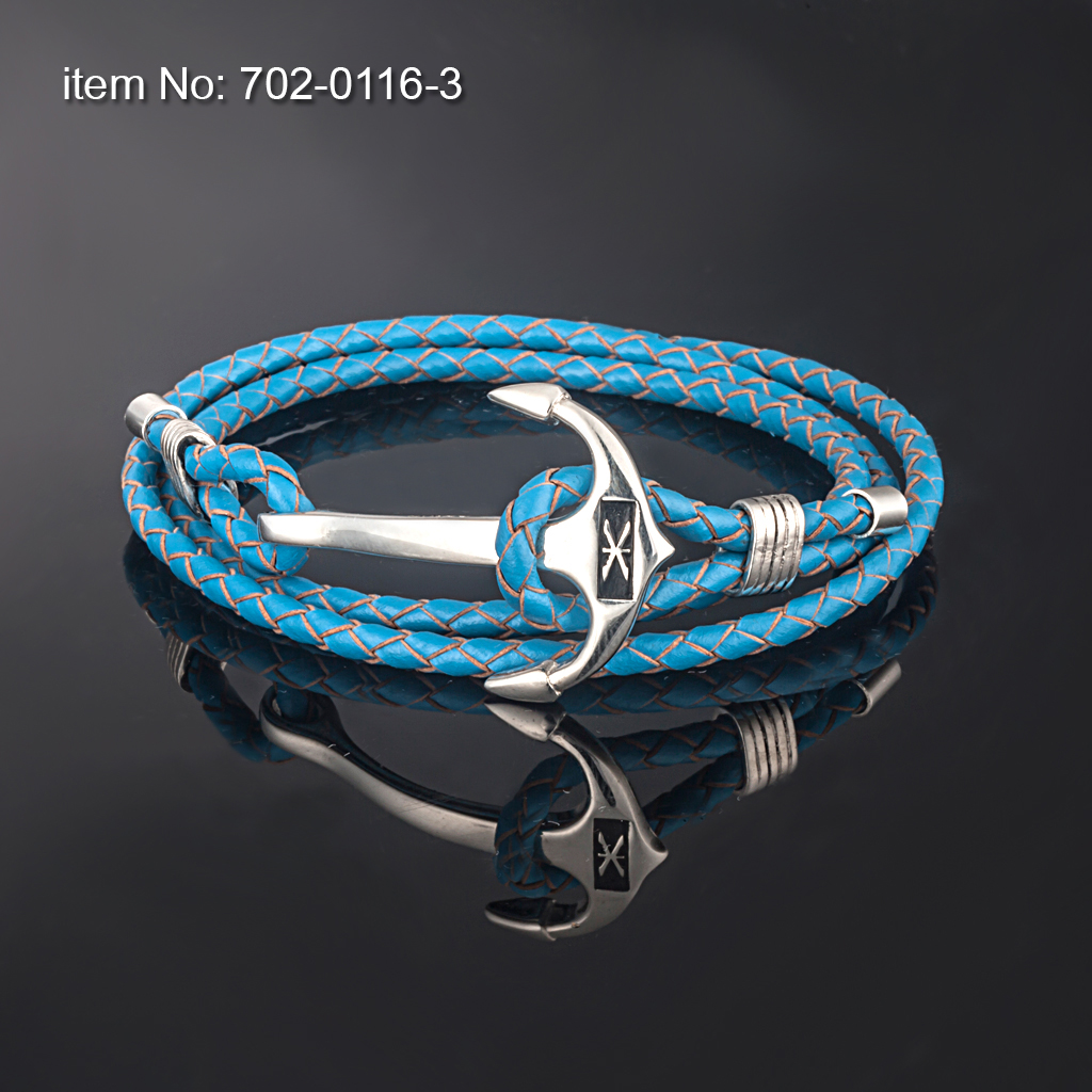 Ασημένιο βραχιόλι με άγκυρα (25 mm) και με γνήσιο τριπλό δέρμα γαλάζιο - Πατήστε εδώ για περισσότερα χρώματα -