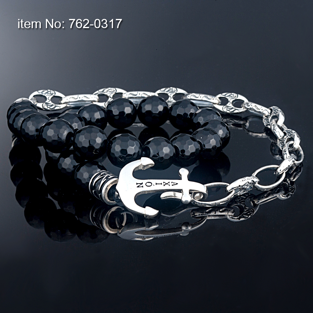 Double wrap sterling silver bracelet with anchor and beads 8 mm - Click here for more colors -