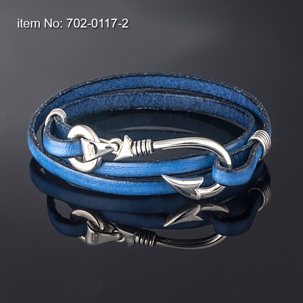 Ασημένιο βραχιόλι με άγκιστρο (16 mm) και με τριπλό γνήσιο δέρμα γαλάζιο - Πατήστε εδώ για περισσότερα χρώματα -