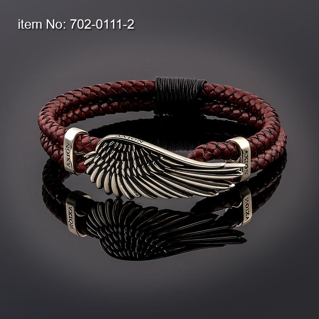 Ασημένιο βραχιόλι με φτερό (19 mm) που περιβάλλεται από δύο ασημένια στοιχεία με γνήσιο δέρμα - Πατήστε εδώ για περισσότερα χρώματα -