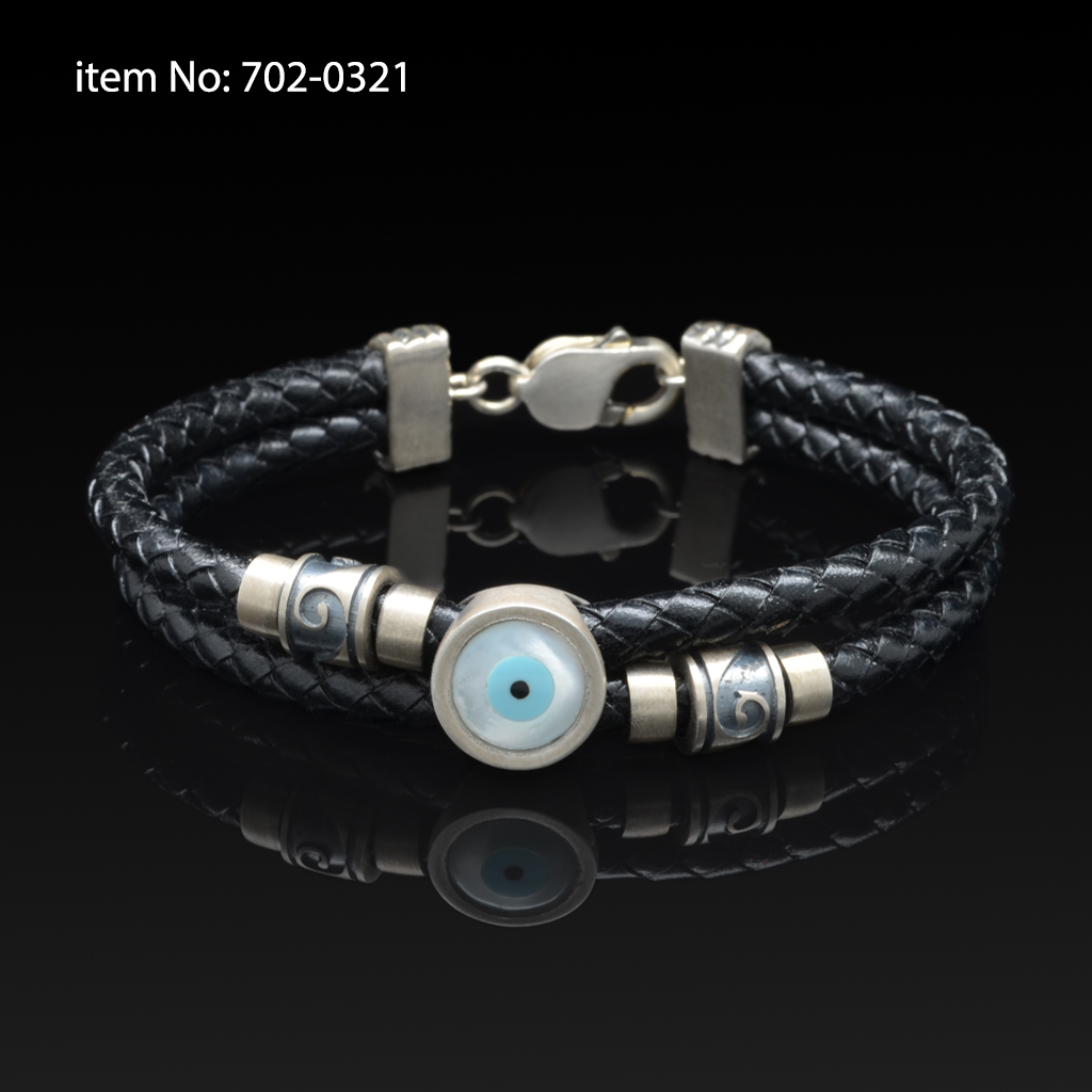 925° Ασημένιο βραχιόλι με μοτίφ μάτι και γνήσιο πλεκτό μαύρο δέρμα - Πατήστε εδώ για περισσότερα χρώματα -