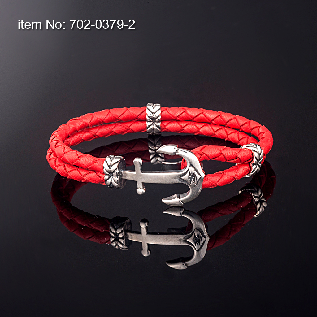 Ασημένιο βραχιόλι 925° με μικρή άγκυρα (21 mm) και με γνήσιο διπλό στρογγυλό δέρμα κόκκινο - Πατήστε εδώ για περισσότερα χρώματα -