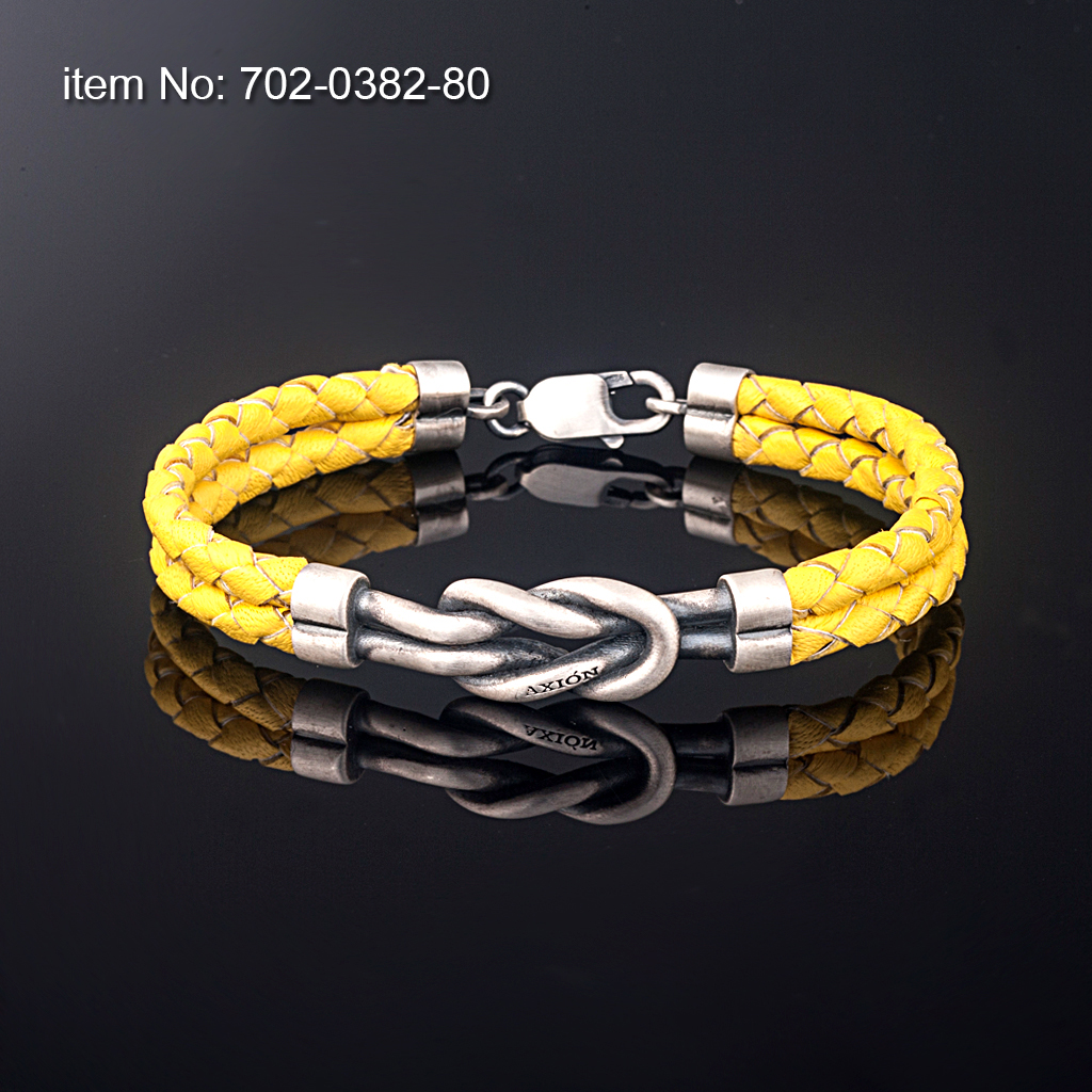 Ασημένιο βραχιόλι 925° με ναυτικό κόμπο και με γνήσιο πλεκτό δέρμα κίτρινο - Πατήστε εδώ για περισσότερα χρώματα -
