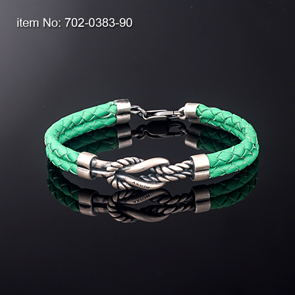 Ασημένιο βραχιόλι 925° με ναυτικό κόμπο και με γνήσιο πλεκτό δέρμα πράσινο - Πατήστε εδώ για περισσότερα χρώματα -