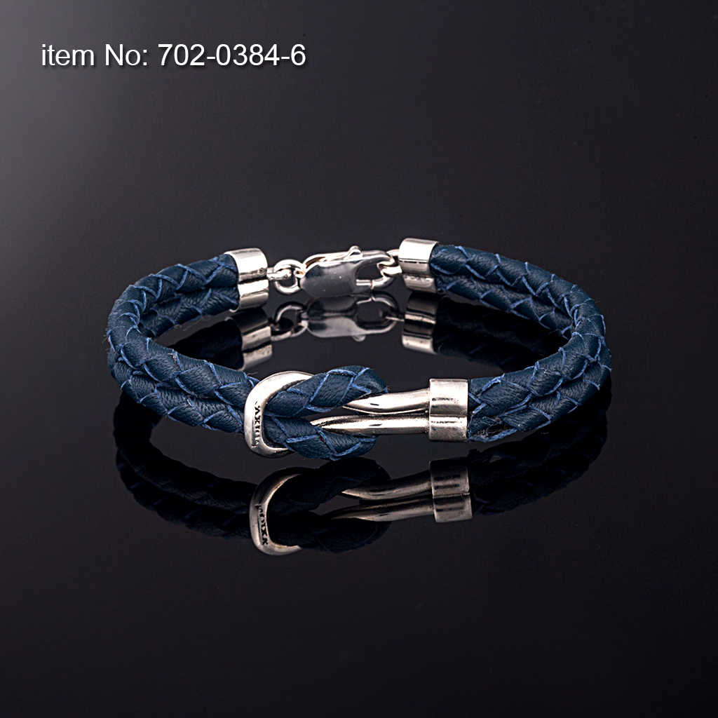 Ασημένιο βραχιόλι 925° με ναυτικό κόμπο με γνήσιο πλεκτό δέρμα μπλέ - Πατήστε εδώ για περισσότερα χρώματα -