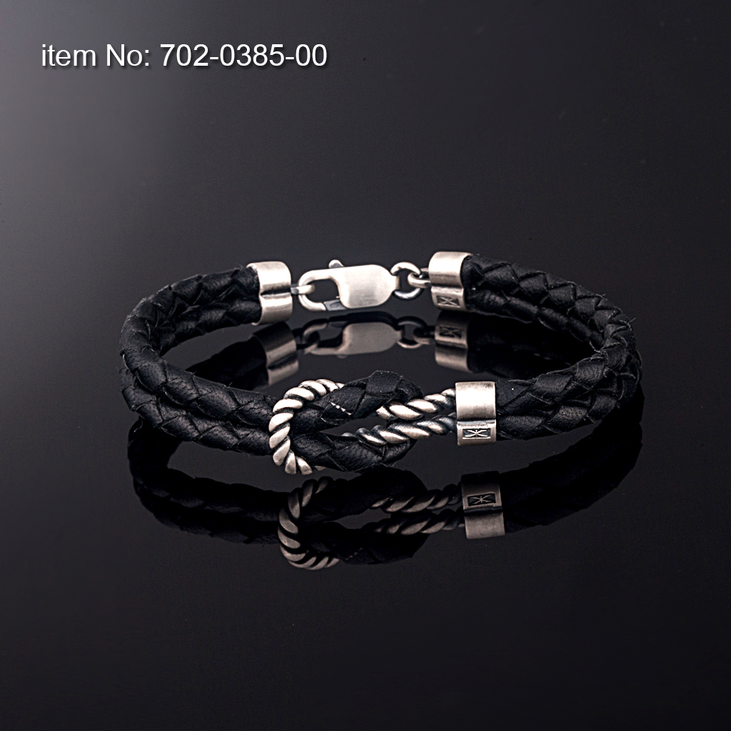 Ασημένιο βραχιόλι 925° με ναυτικό κόμπο με γνήσιο πλεκτό δέρμα μαύρο - Πατήστε εδώ για περισσότερα χρώματα -