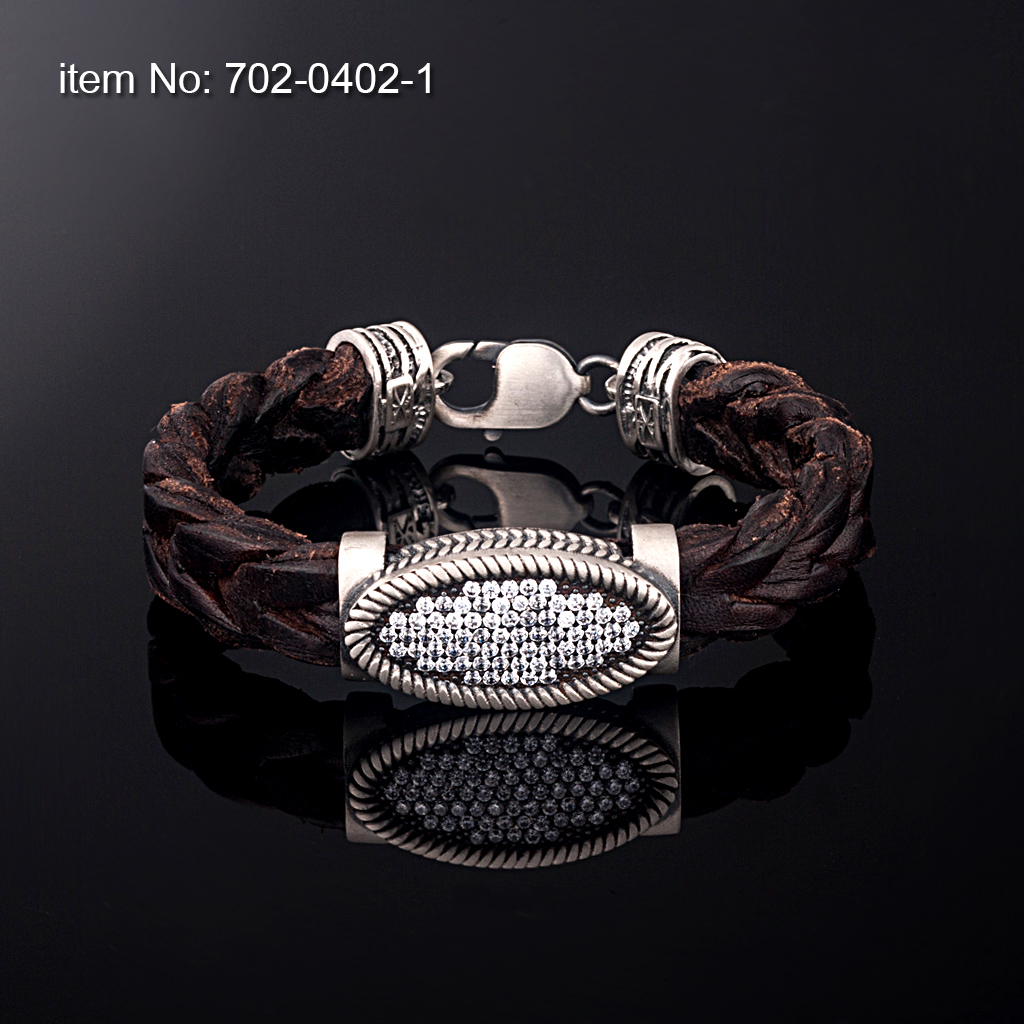 Ασημένιο βραχιόλι 925° με λευκές πέτρες ζιργκόν και με γνήσιο καφέ πλεκτό δέρμα