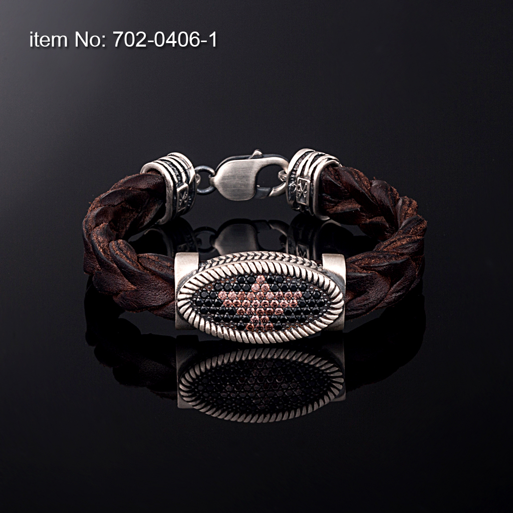 Ασημένιο βραχιόλι 925° με πέτρες ζιργκόν και με γνήσιο καφέ πλεκτό δέρμα - Πατήστε εδώ για περισσότερα χρώματα -