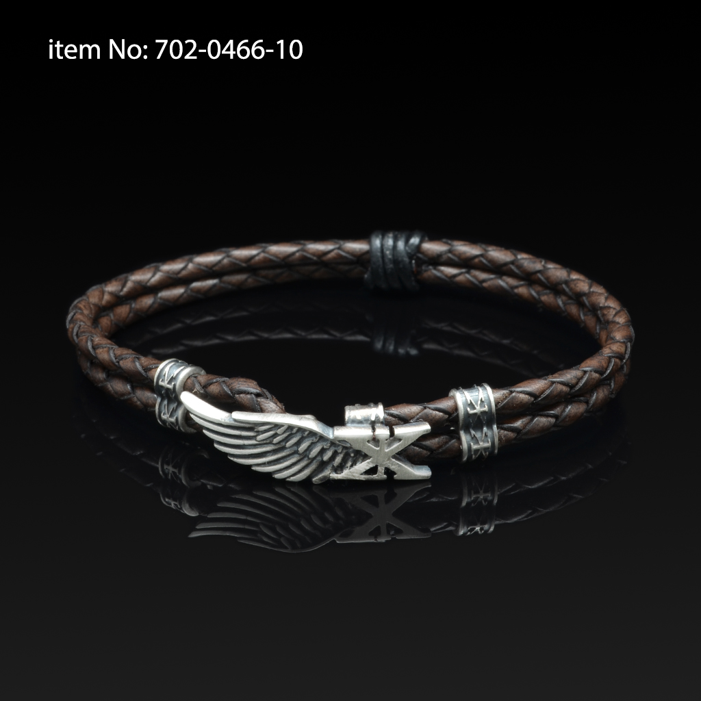 925°Ασημένιο Βραχιόλι με μοτίφ φτερό Axion και με γνήσιο πλεκτό δέρμα - Πατήστε εδώ για περισσότερα χρώματα -