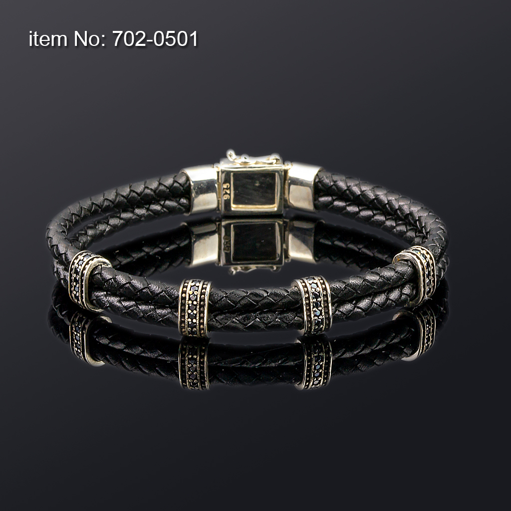 925°Ασημένιο Βραχιόλι με μοτίφ και μαύρα ζιργκόν και με γνήσιο πλεκτό δέρμα - Πατήστε εδώ για περισσότερα χρώματα -