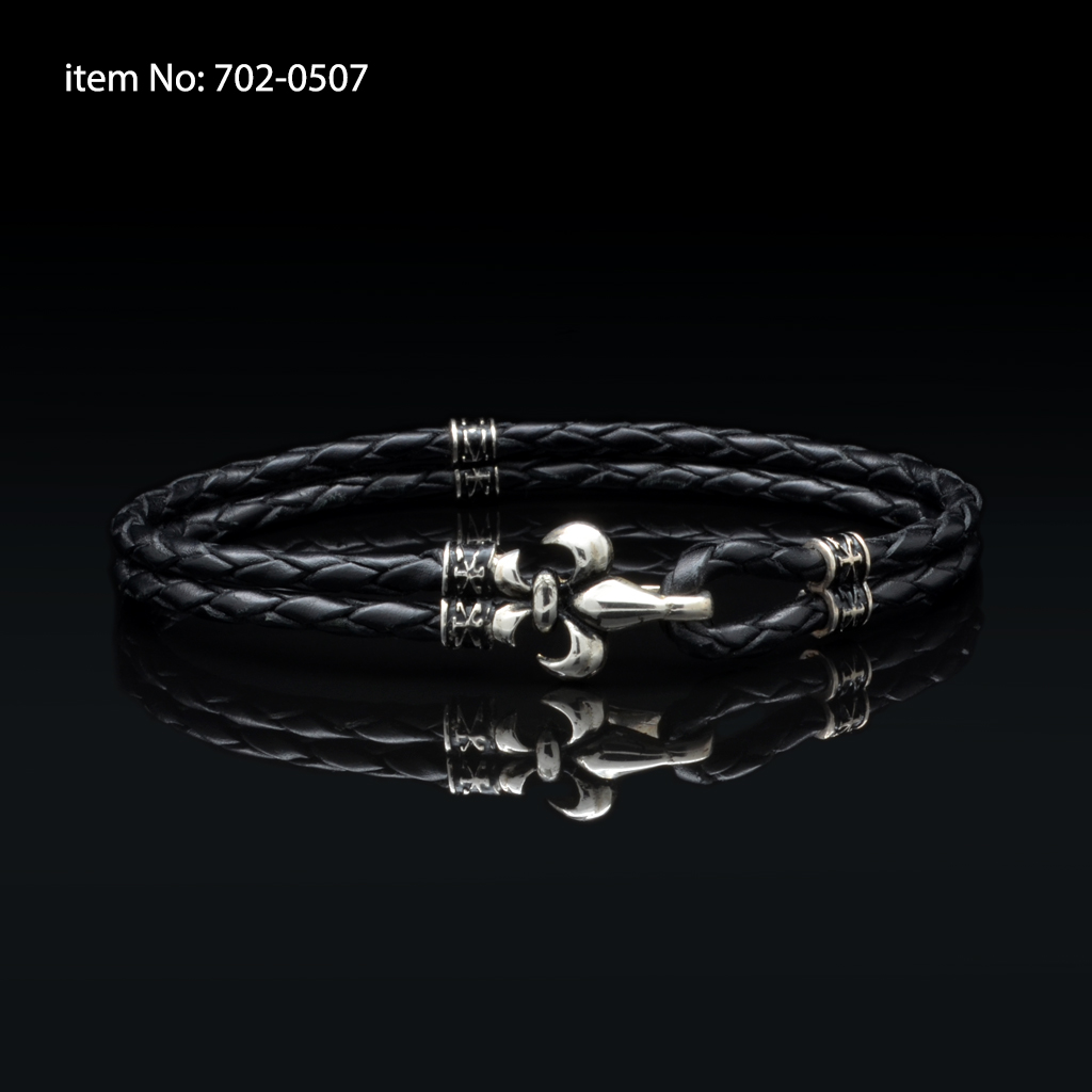 Bracelet with Sterling Silver Fleur-de-lis and black braided genuine leather