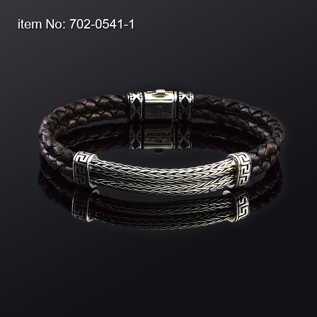 925° Ασημένιο βραχιόλι με μοτίφ μαιάνδρους, διπλή πλεχτή αλυσίδα και διπλό γνήσιο πλεχτό καφέ δέρμα - Πατήστε εδώ για περισσότερα χρώματα -