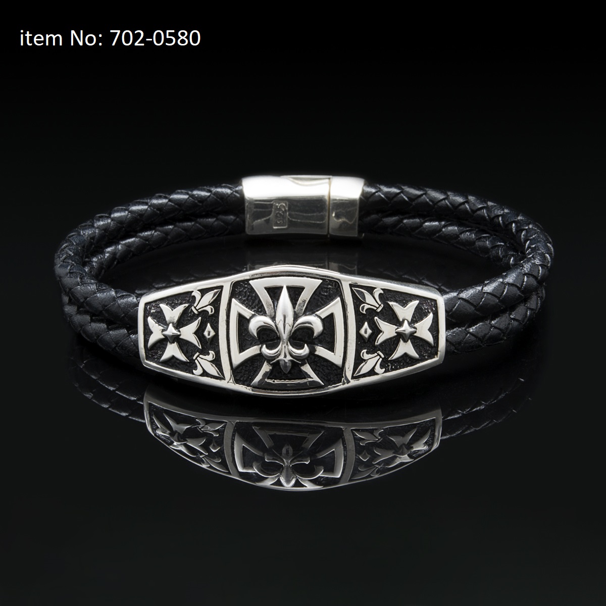Sterling silver bracelet with Fleurs de lis and crosses motifs. Genuine braided leather - Click here for more colors -