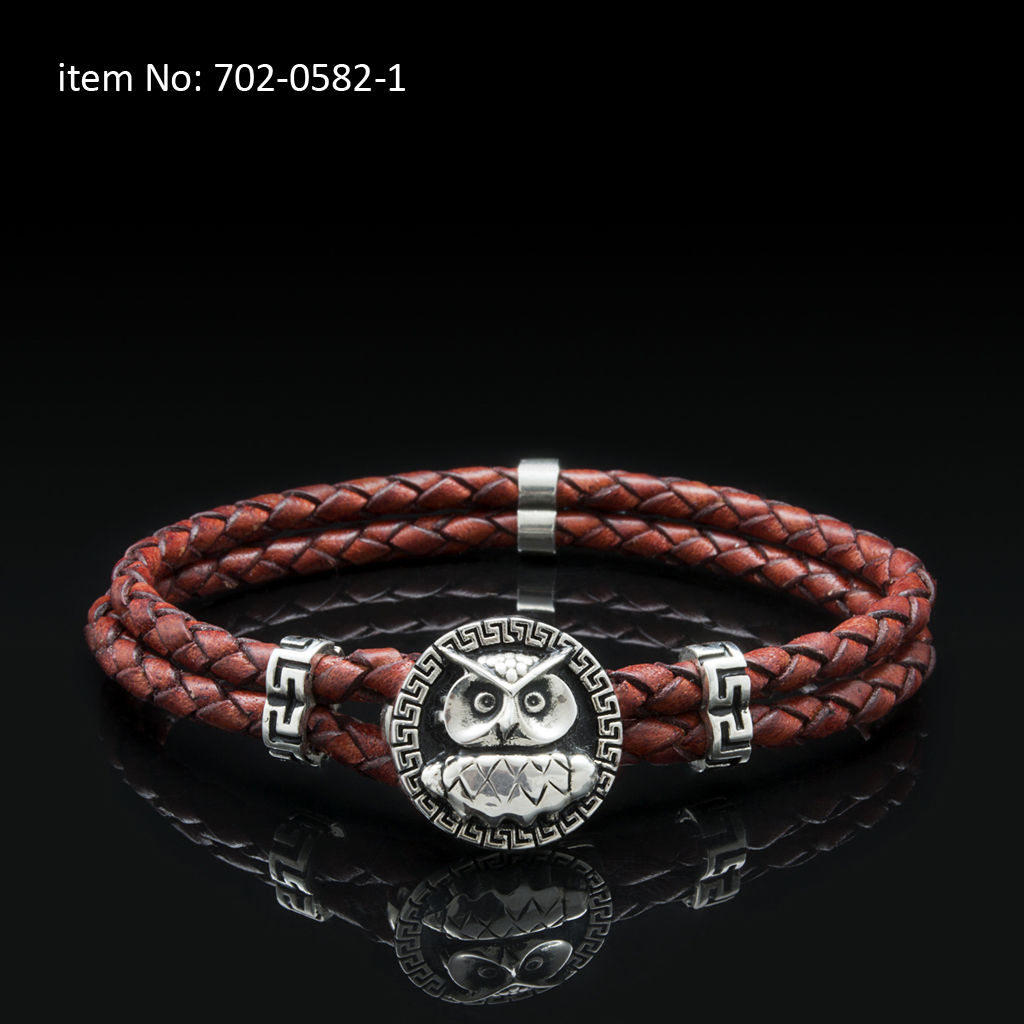 Ασημενιο βραχιόλι 925° με μοτίφ κουκουβάγια, μαιάνδρους και γνήσιο πλεκτό κόκκινο δέρμα - Πατήστε εδώ για περισσότερα χρώματα -