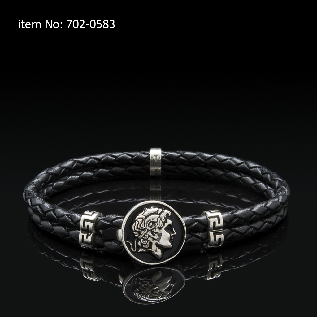 Ασημένιο βραχιόλι 925° με μοτίφ Μέγα Αλέξανδρο, μαιάνδρους και γνήσιο πλεκτό δέρμα - Πατήστε εδώ για περισσότερα χρώματα -