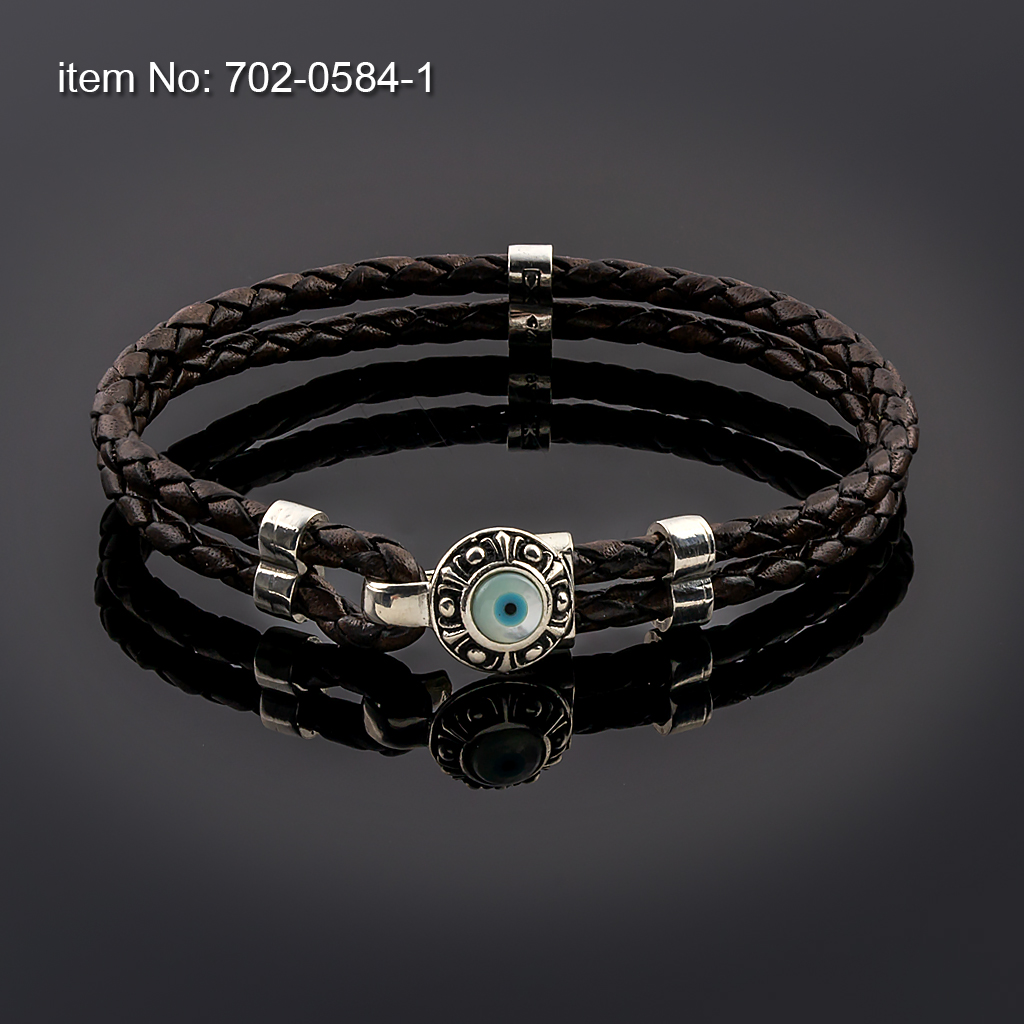 Ασημένιο βραχιόλι 925° με μοτίφ μάτι, μαιάνδρους και γνήσιο πλεκτό κόκκινο δέρμα - Πατήστε εδώ για περισσότερα χρώματα -