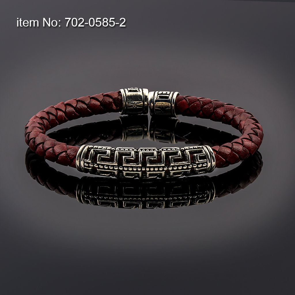 925° Ασημένιο βραχιόλι με μοτίφ διπλό μαίανδρο & γνήσιο πλεκτό δέρμα 5mm - Πατήστε εδώ για περισσότερα χρώματα -