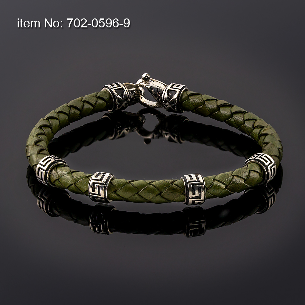 925° Ασημένιο βραχιόλι με μοτίφ γκρέκα & γνήσιο πλεκτό δέρμα - Πατήστε εδώ για περισσότερα χρώματα -