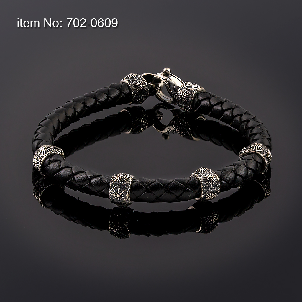 Βραχιόλι με ασημένια στοιχεία ήλιο της βεργίνας και γνήσιο δέρμα - Πατήστε εδώ για περισσότερα χρώματα -