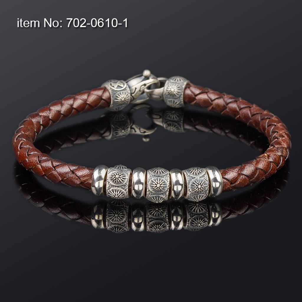 Ασημένιο βραχιόλι 925° με μοτίβο vergina sun και με γνήσιο πλεκτό καφέ δέρμα 6 mm - Πατήστε εδώ για περισσότερα χρώματα -