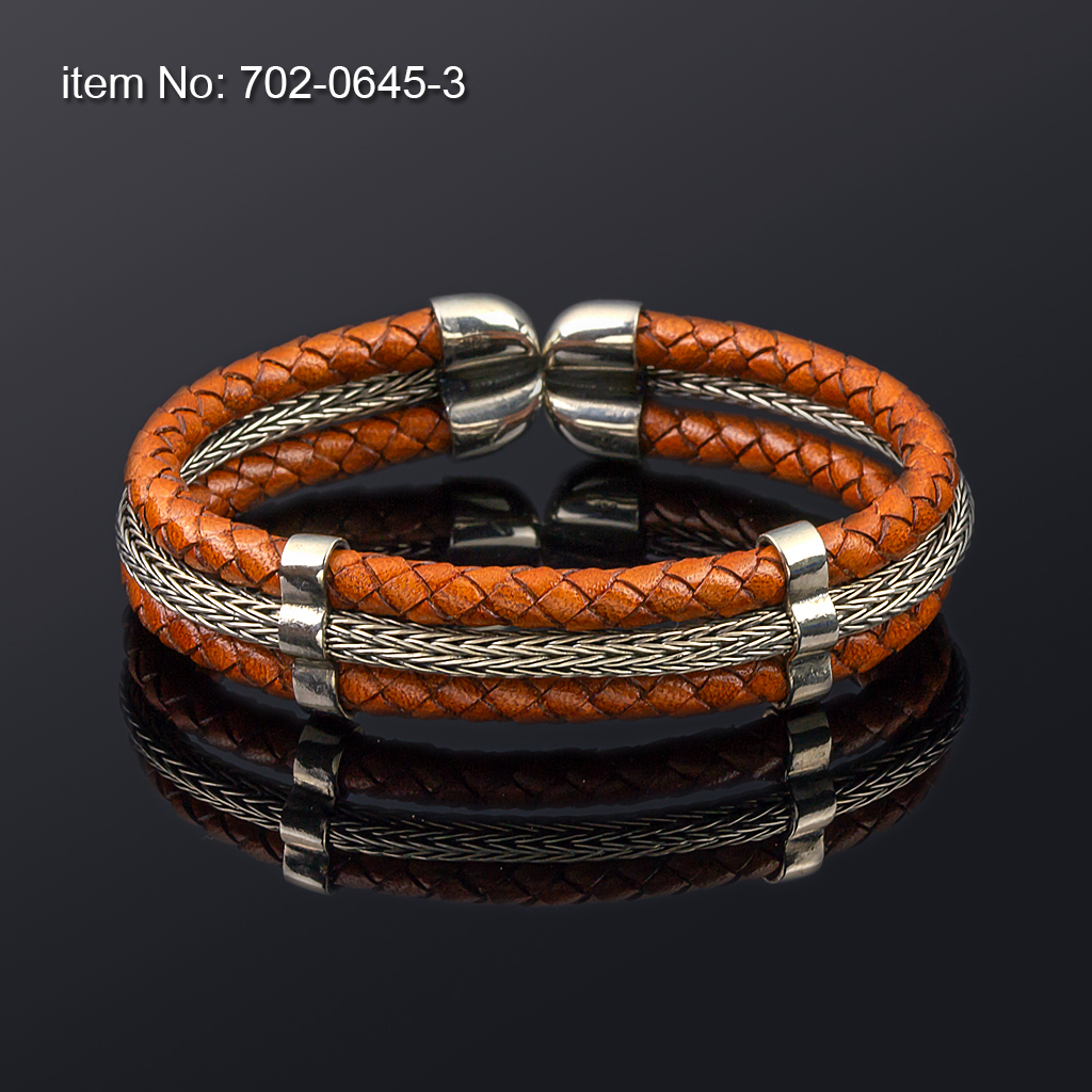 Ασημένιο flex βραχιόλι με γνήσιο tan δέρμα 5 mm - Πατήστε εδώ για περισσότερα χρώματα -