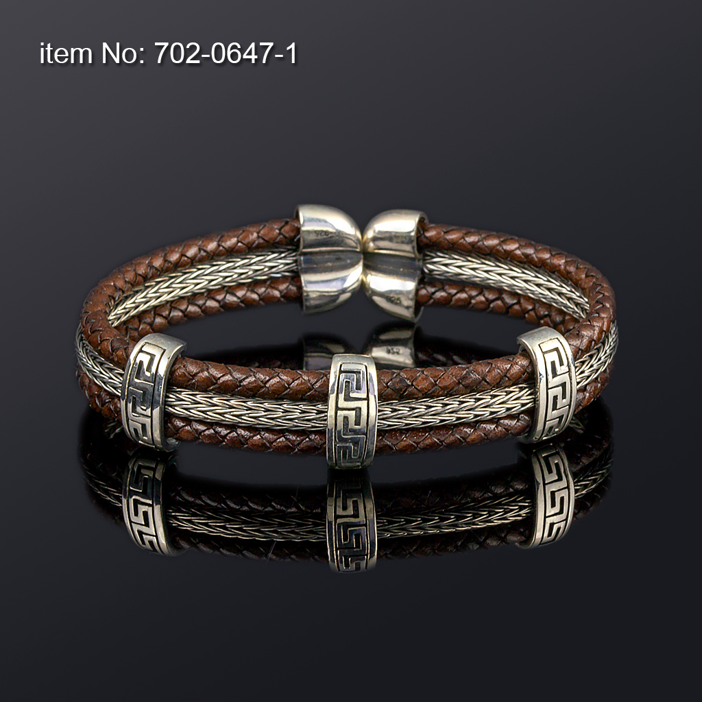 Ασημένιο flex βραχιόλι με μοτιφ (12 mm φάρδος), και με γνήσιο καφέ δέρμα - Πατήστε εδώ για περισσότερα χρώματα -