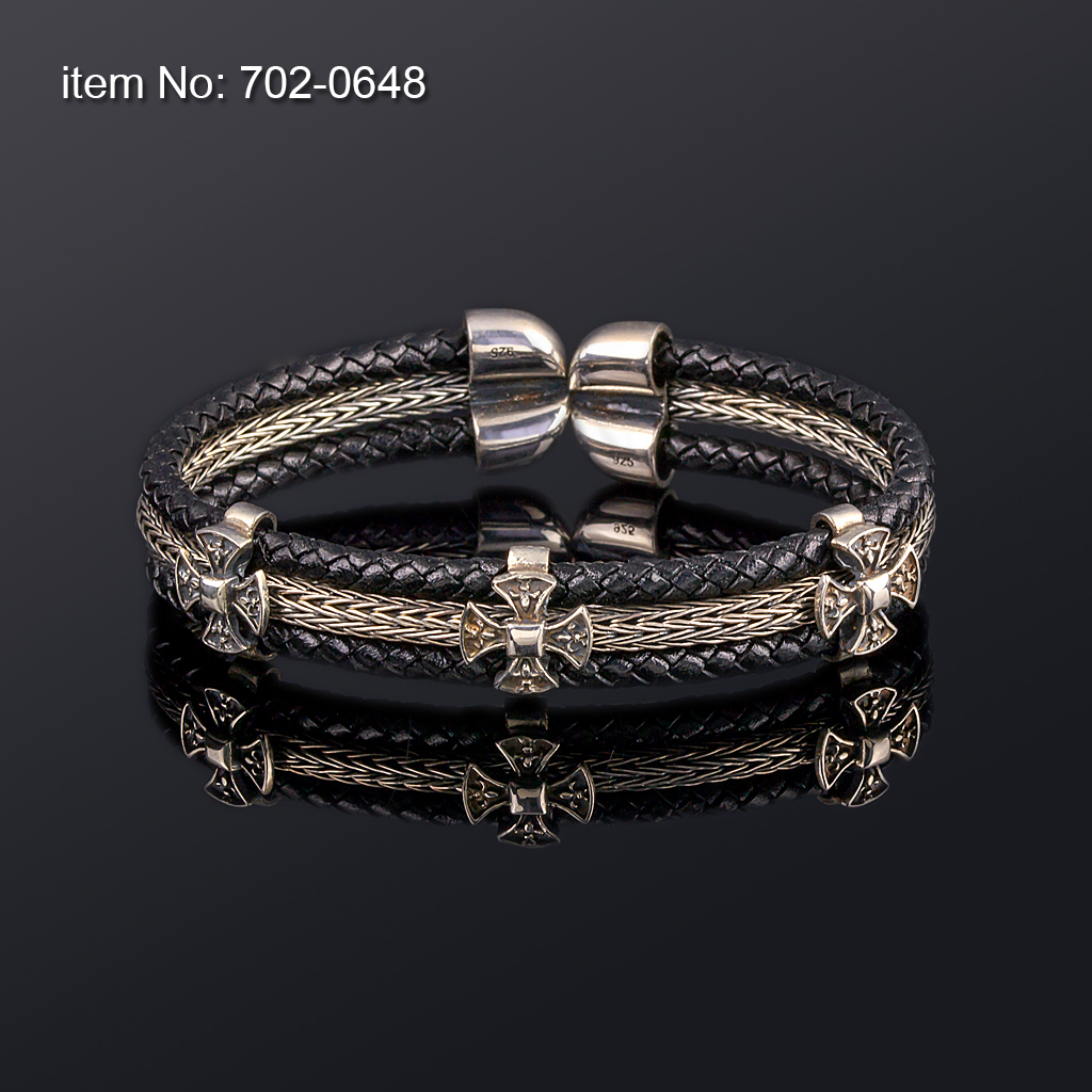 Ασημένιο flex βραχιόλι με μοτιφ (12 mm φάρδος), και με γνήσιο μαύρο δέρμα - Πατήστε εδώ για περισσότερα χρώματα -