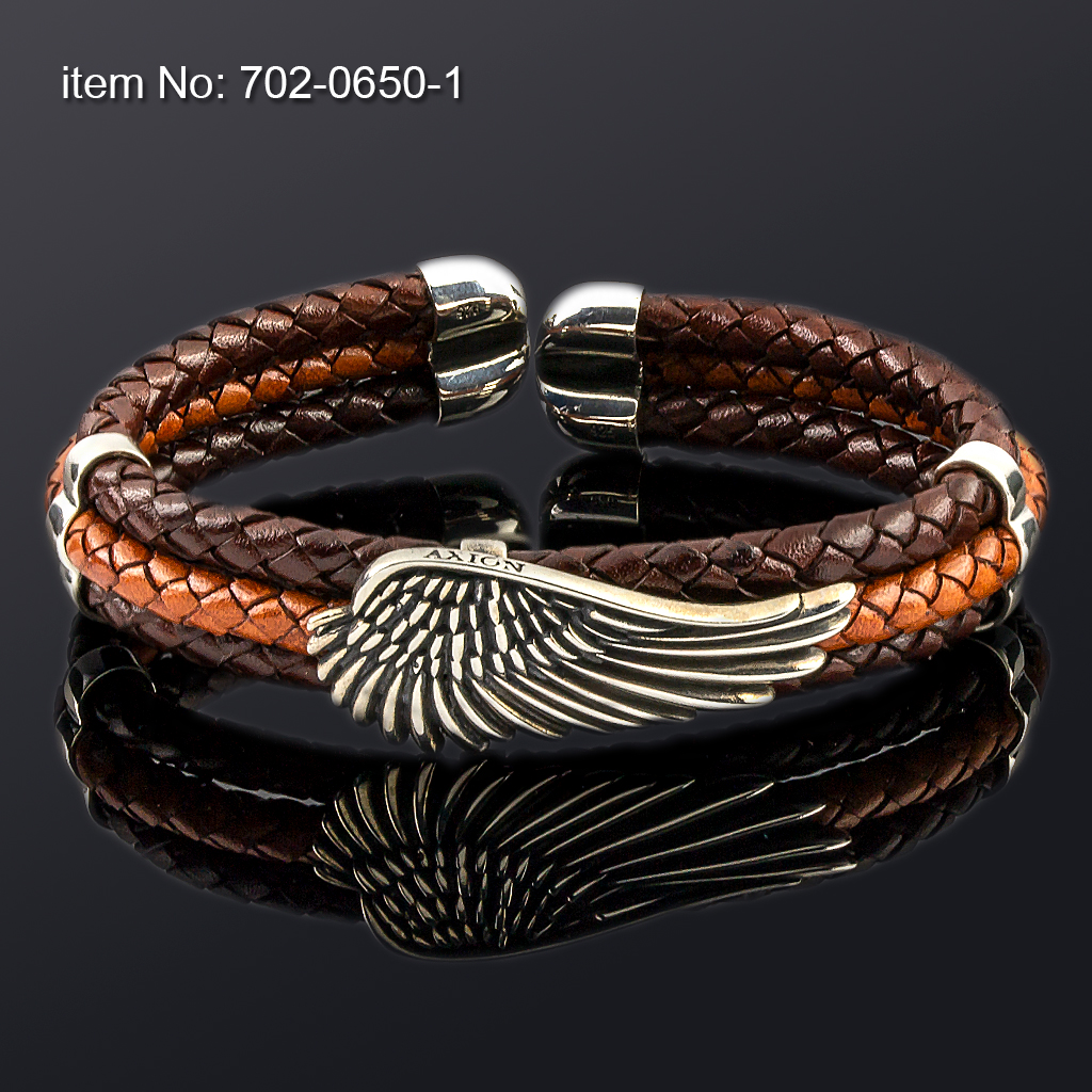 Ασημένιο Flex Βραχιόλι 925° με φτερά αγγέλου (19mm width) και γνήσιο καφέ δέρμα - Πατήστε εδώ για περισσότερα χρώματα -