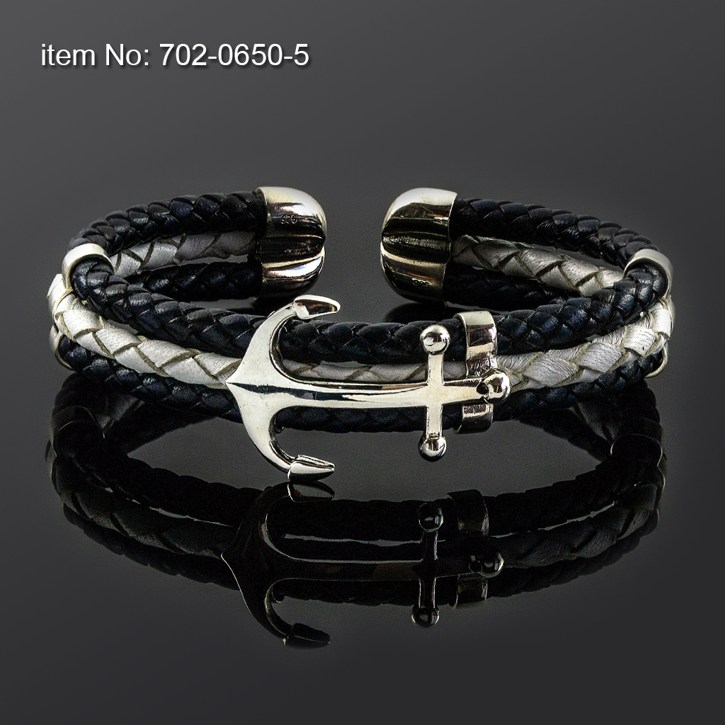 Sterling silver flex bracelet anchor (19 mm width) with genuine antique leather