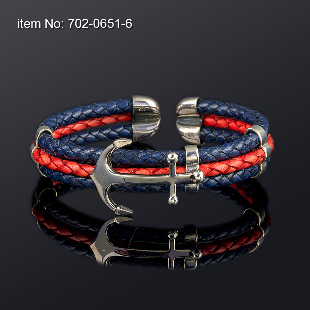 Ασημένιο flex βραχιόλι με άγκυρα (19 mm φάρδος), και με γνήσιο antique μπλε και κόκκινο δέρμα - Πατήστε εδώ για περισσότερα χρώματα -