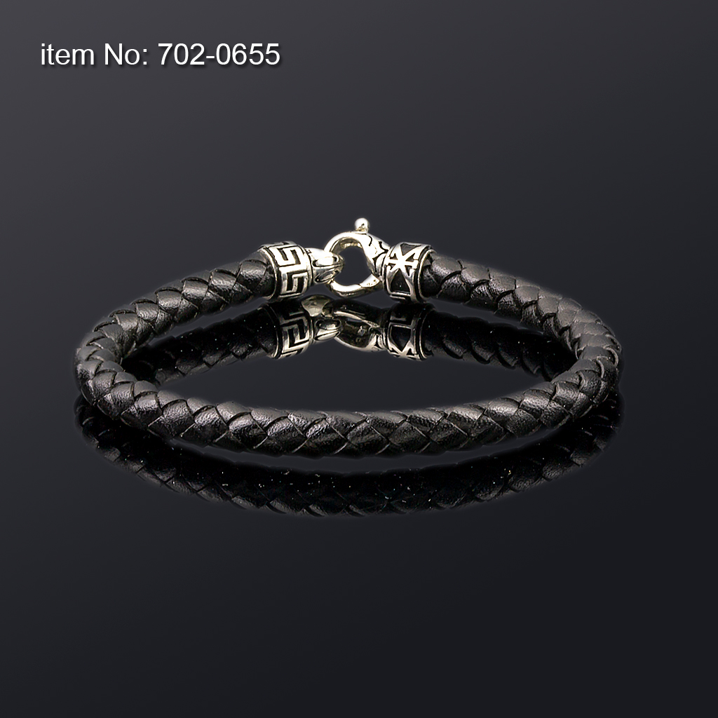 Sterling Silver Bracelet and black genuine leather 5mm