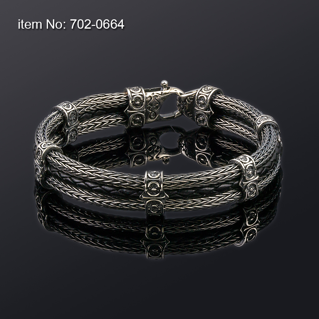 Ασημένιο βραχιόλι με μοτίφ (14mm φάρδος) και με γνήσιο μαύρο δέρμα - Πατήστε εδώ για περισσότερα χρώματα -