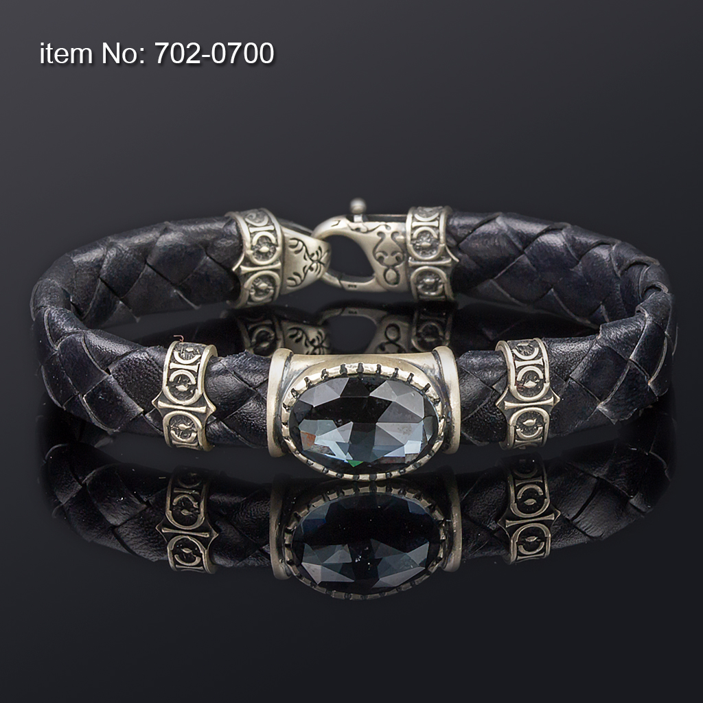 Ασημένιο βραχιόλι 925° με hematite (18x12mm) και με γνήσιο antique πλεκτό μαύρο δέρμα - Πατήστε εδώ για περισσότερα χρώματα -