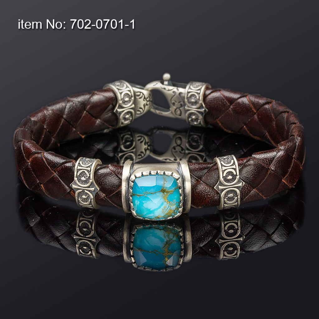 Ασημένιο βραχιόλι 925° με apatite (12x12 mm) και με γνήσιο antique πλεκτό καφέ δέρμα - Πατήστε εδώ για περισσότερα χρώματα -